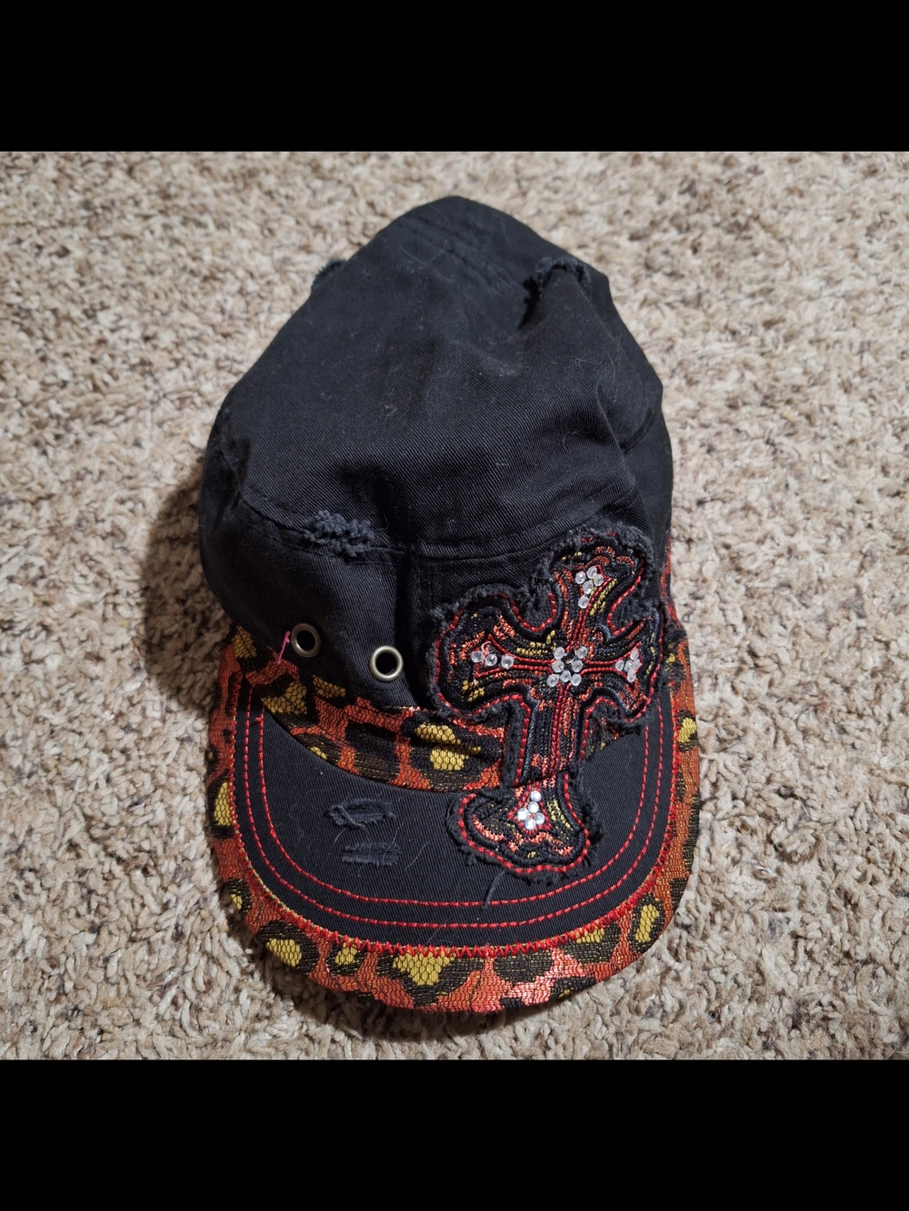 KBethos Vintage Distressed Leopard Cross Cadet Hat Black